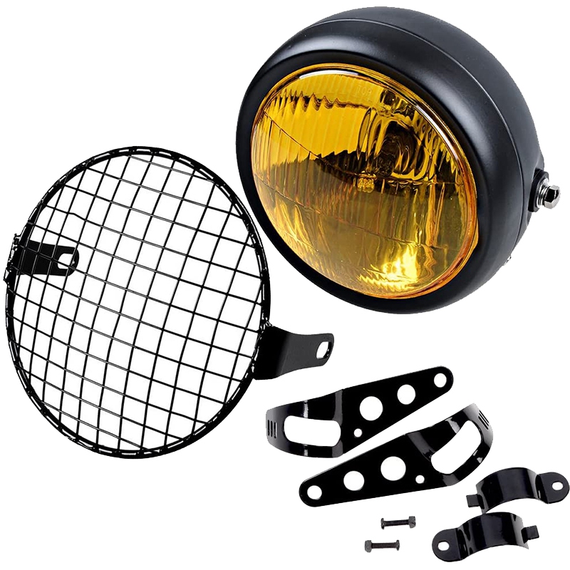 Retro Vintage Motorcycle Universal Side Mount 35W 6.5 inch Amber Headlight Café Racer with Grille + Bracket Kit