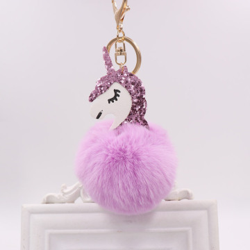 Pom Unicorn Keychain Rabbit Fur Ball Horse Key chain porte clef holder fluffy pompon Bag Car Key Ring For Women Accessories