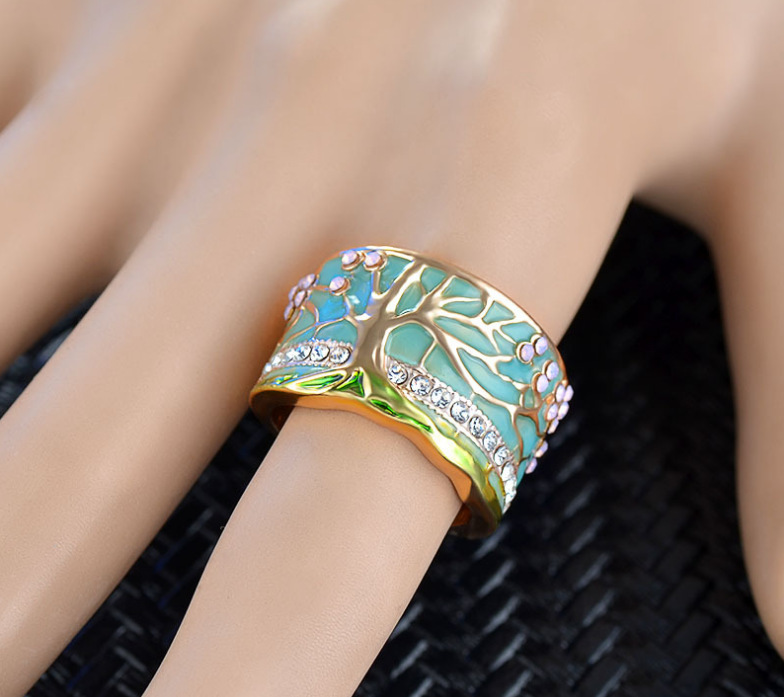 Hot Lucky Flower Tree Rings Fashion Gold Pink Opal Green Enamel Wide Ring for Woman Party Crystal Vintage Jewelry 2020 New