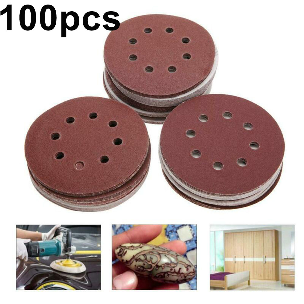 100pcs Round Sandpaper 5 Inch 125mm Hook And Loop 8 Hole Disk Buffing Sheets Sander Sanding Discs Polishing Pads Abrasive Tool