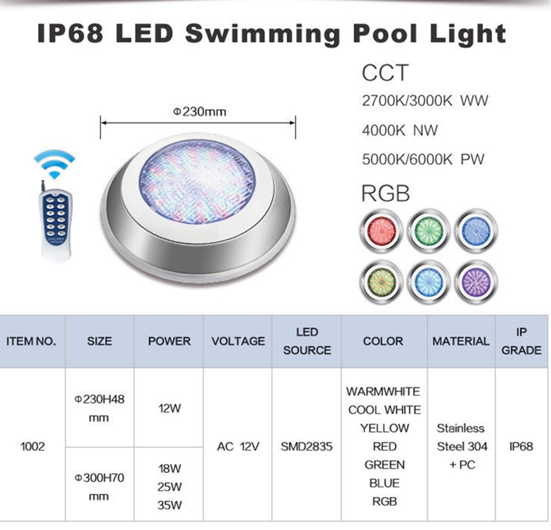 12W IP68 Waterproof Led Swimming Pool Lights