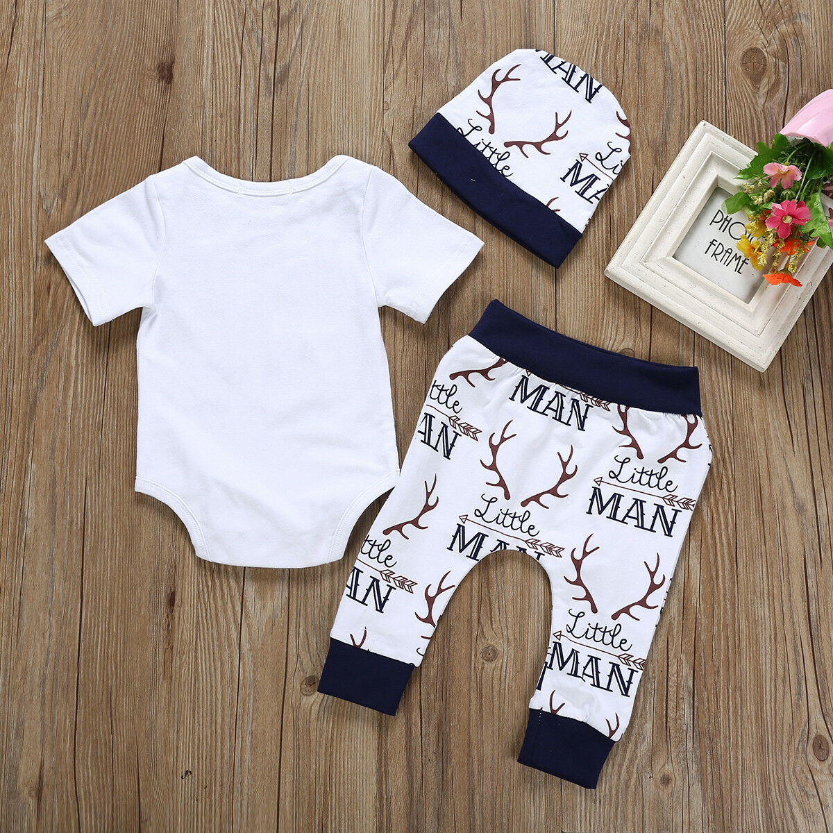 2019 Brand New Mommy's Other Man Newborn Baby Boy 3PCS Outfits Clothing Short Sleeve Cotton Bodysuit Tops Deers Pant Trouser Hat