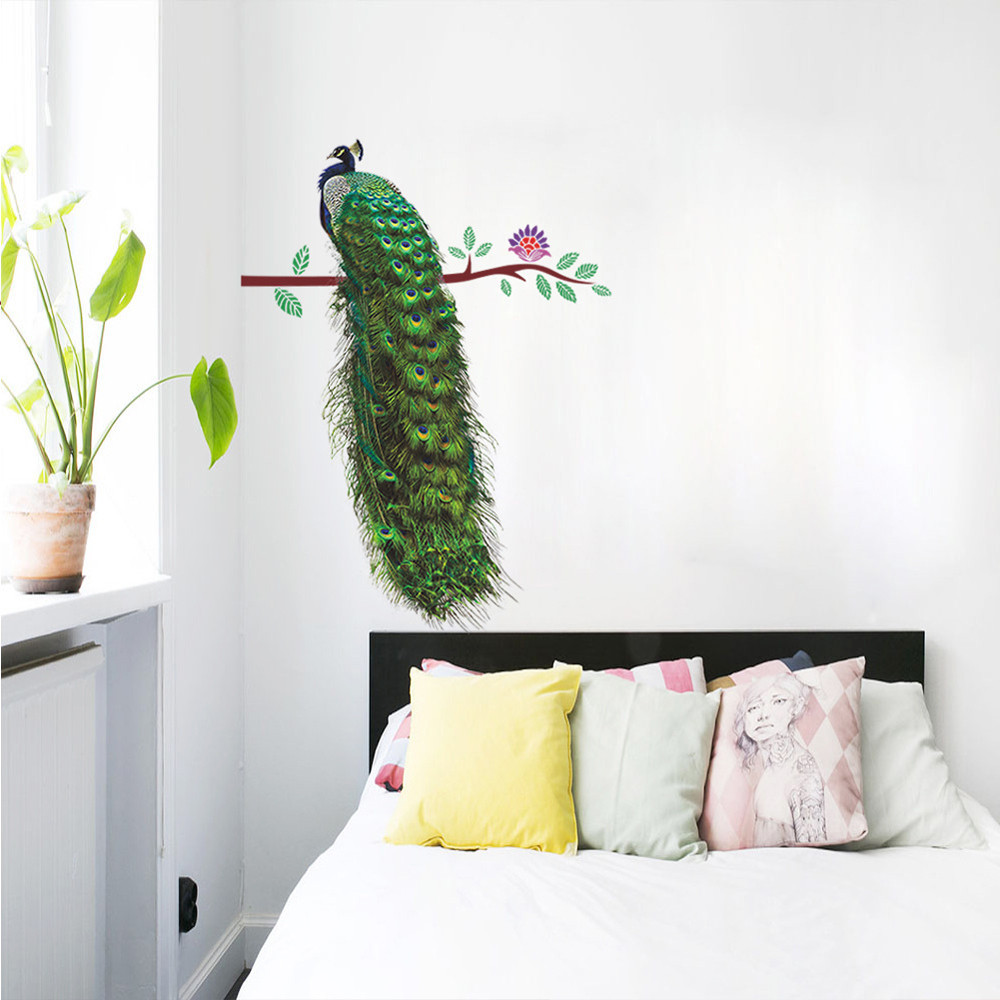 Animals Peacock On Branch Feathers Wall Stickers 3D Vivid Wall Decals Home Decor Art Decal Poster Animals Living Room Decoration