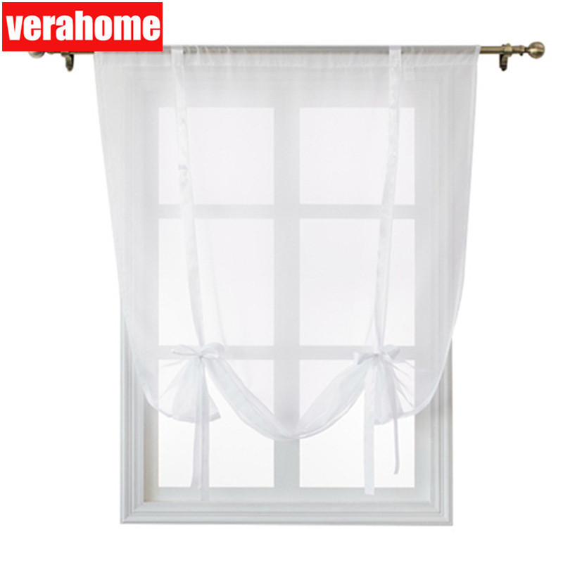 Verahome solid Roman curtains short kitchen valance curtains sheer fabric panel modern curtains Treatments window Red ribbon