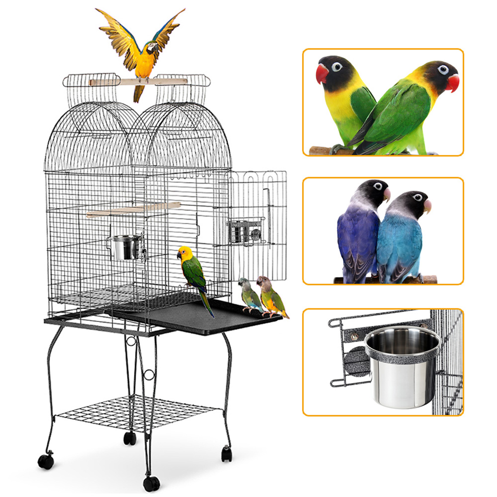 iKayaa Wrounght Iron Bird Parrot Cage Play Top Macaw Cockatoo Parakeet Conure Finch Cage + Stainless Steel Bowl Lockable Wheels