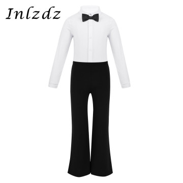 Kids Boys Jazz Dance Costumes Outfit Lapel Bowtie Romper Shirt Leotard Bodysuit with Boot Cut Pants Trousers for Jazz Dance