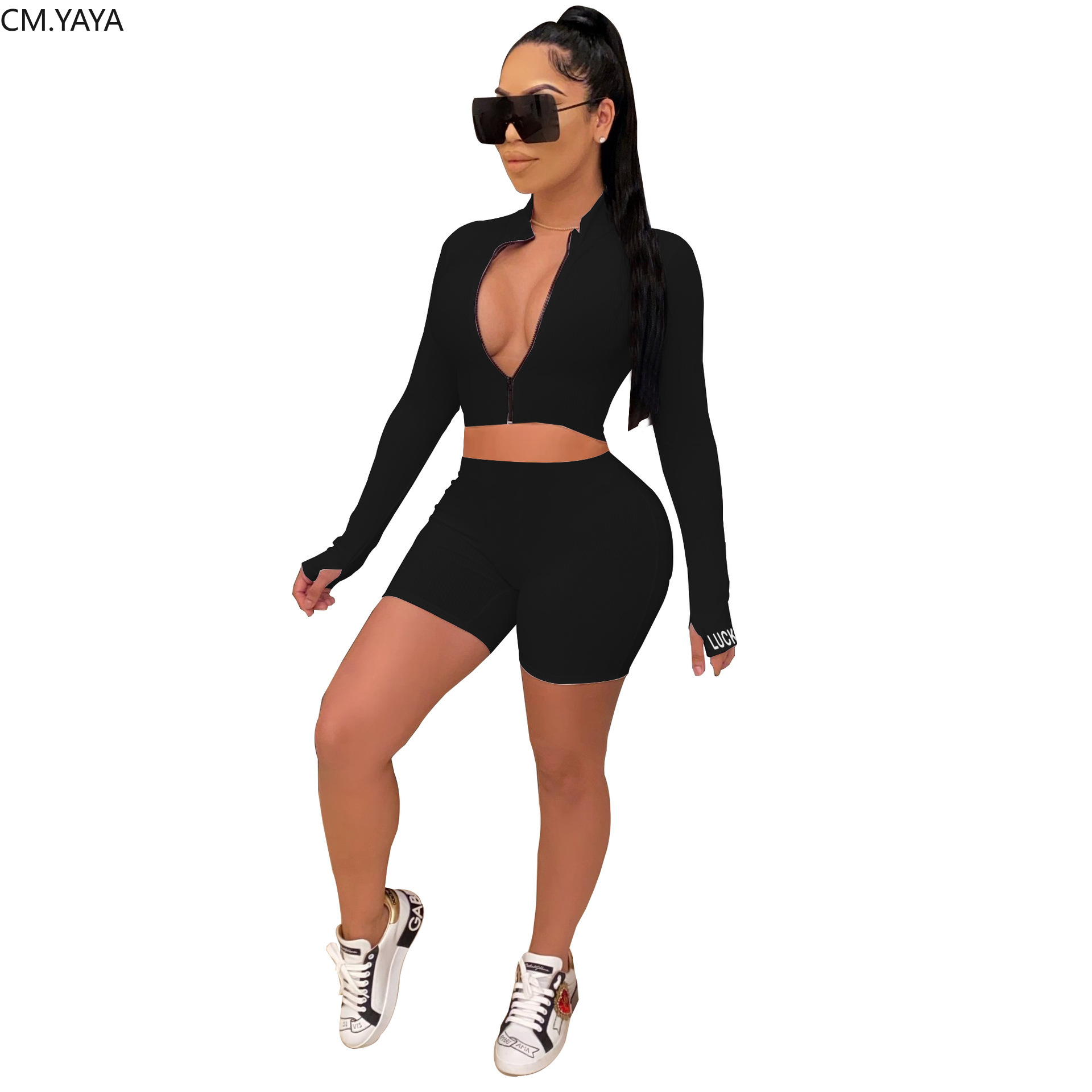 CM.YAYA Sportwear Knitted Ribbed Lucky Embroidery Long Sleeve Zipper Women's Set Tops Shorts Pants Suit Tracksuit Matching Set