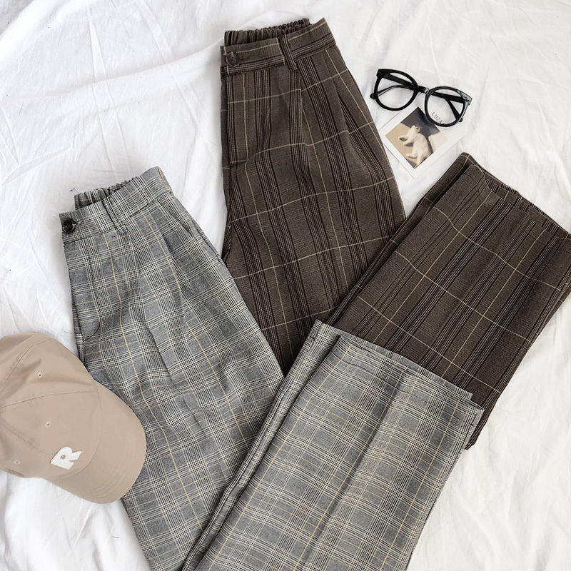 Mooirue Spring Women Pants Plaid High Waist Dropping Feeling High Waist Wide Leg Long Suit Pants