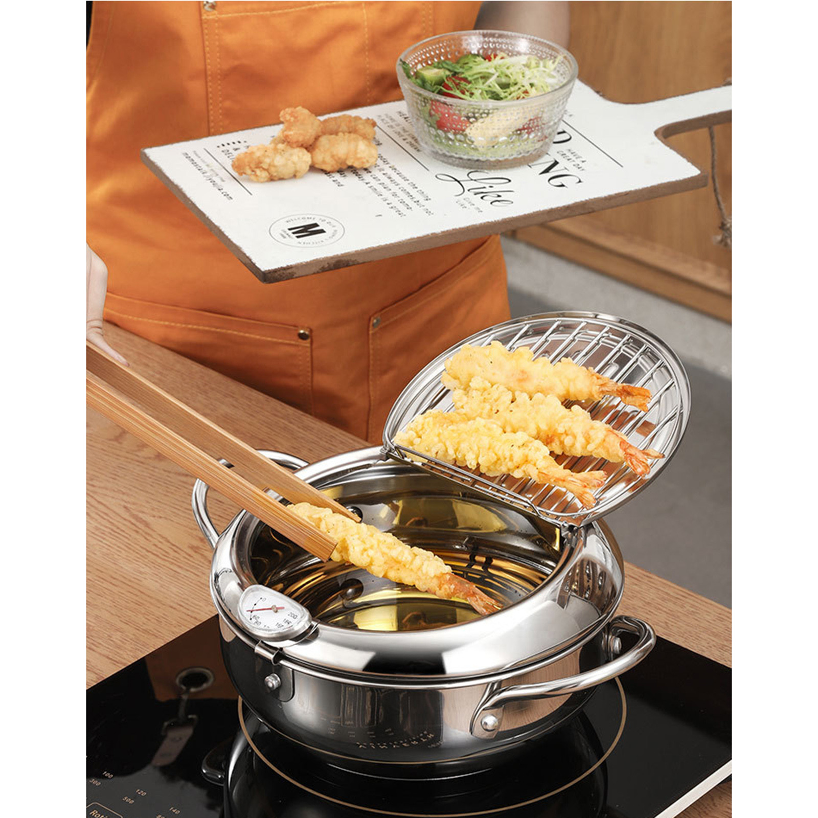 Kitchen Deep Frying Pot Thermometre Tempura Fryer Pan Temperature Control Fried Chicken Pot Cooking Tools Stainless Steel #T3G