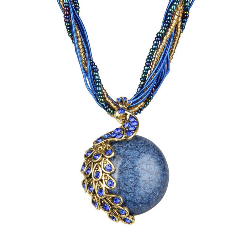 Women Pendant Lady Retro Vintage Bohemian Style Turquoise Rhinestone Pendants Collar Chain Necklace Fashion Jewelry