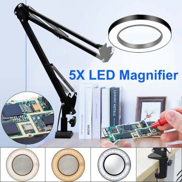 33+33cm 5X USB LED Magnifying Glass with 3 Color Modes Flexible Desk Illuminated Magnifier Lamp for Reading/Rework/Soldering