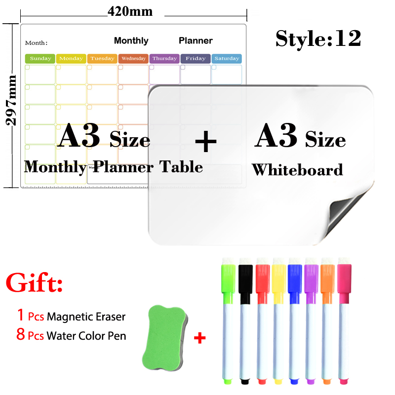 2PC A3 Size Magnetic Weekly Planner Table and Whiteboard Dry Erase Board Writing Supplies Message Board 8 Colors Marker Pen