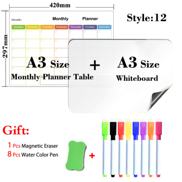 2PC A3 Size Magnetic Weekly Planner Table and Whiteboard Dry Erase Board Writing Supplies Message Board 8 Colors Marker Pen