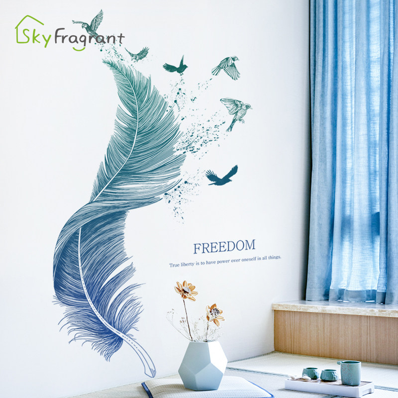 Creative stickers blue feather wall sticker bedroom decor sofa background self-adhesive wall decor room decoration for home