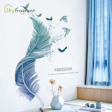 Creative stickers blue feather wall sticker bedroom decor sofa background self-adhesive wall decor room decoration for home