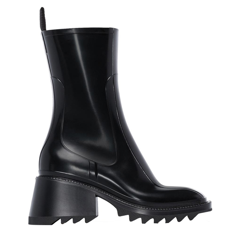 Betty rubber boots block heel sleek square toe Mid-calf Microfiber leather PVC rain boot shop designer luxury brand women shoes