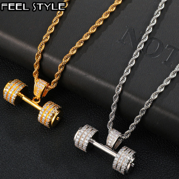 Hip Hop Iced Out Bling Rope Chain Barbell Gym Fitness Dumbbell Gold Color Hand Pendants &Necklaces For Men Tennis Chain Jewelry