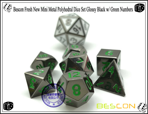 Bescon Fresh New Mini Metal Polyhedral Dice Set Glossy Black with Green Numbers-5