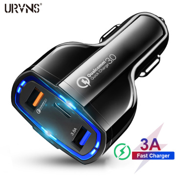 URVNS 3 Ports 7A USB Car Charger Quick Charge 3.0 QC3.0 Type C Fast Charging Car USB Charger For iPhone Xiaomi Mobile Phone