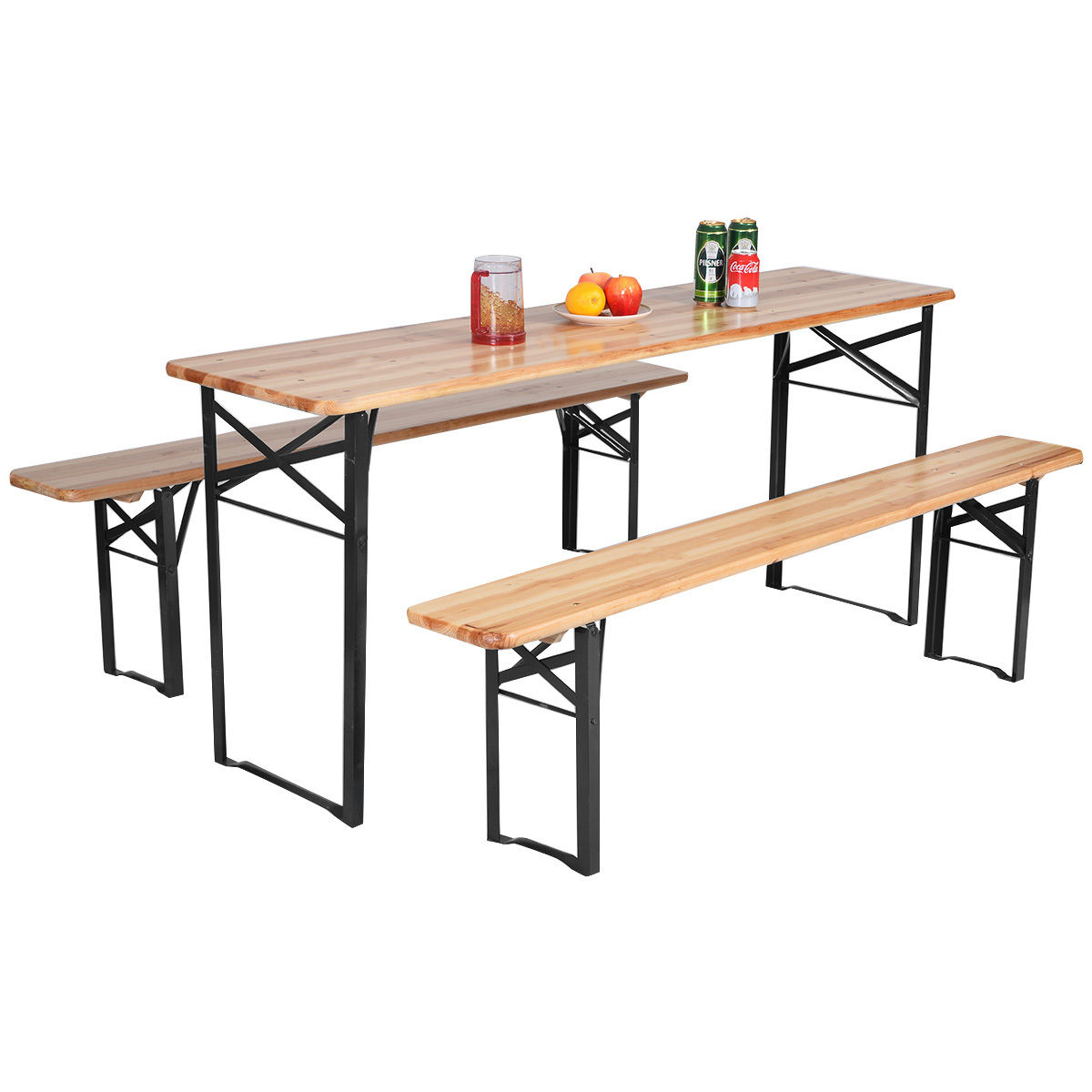 Costway 3 PCS Beer Table Bench Set Folding Wooden Top Picnic Table Patio Garden