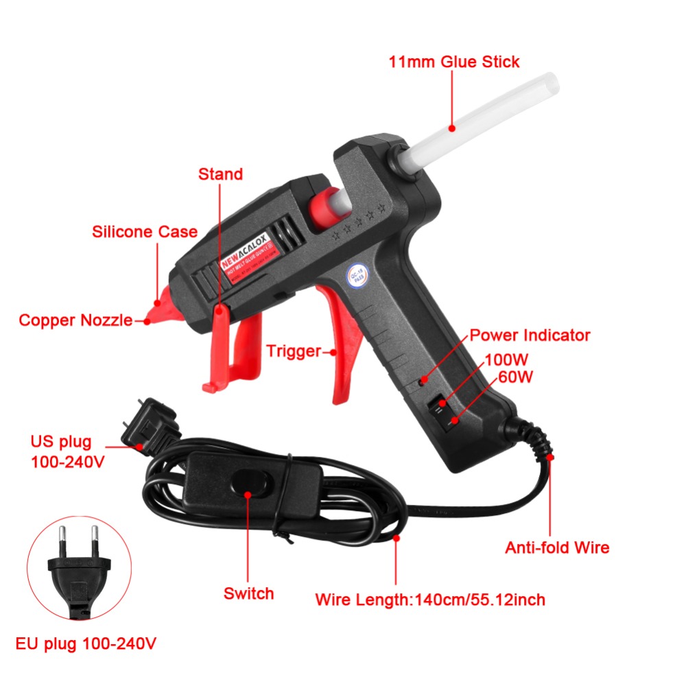 NEWACALOX EU/US 60W 100W DIY Hot Melt Glue Gun Industrial Copper Nozzle Gluegun 10pc 11mm Glue Gun Sticks Arts DIY Repair Tool