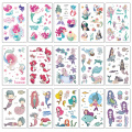 16PCS/lot Cartoon Kids Tattoo Stickers Mermaid Temporary Tattoo sets Girls Fake Tattoo Colorful Taty Children Party Flash Tatoo