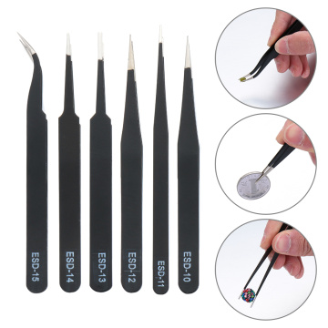 6PCs/Set Black Stainless Steel Tweezers ESD10 11 12 13 14 15 Anti-Static Tweezers Repair Tool Kit Beauty Manicure DIY Tweezers