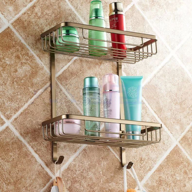 Bathroom Shelves 2 Layer Rack Metal Antique Towel Hook Washing Shower Shampoo Cosmetic Storage Bath Fitting Basket Shelf 7010F