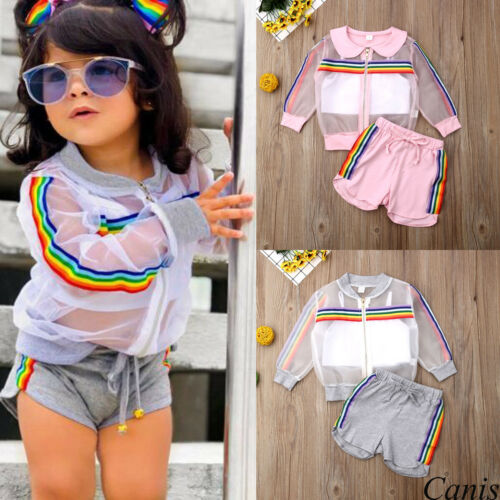 2019 Children Summer Clothing Toddler Kids Baby Girl Mesh Coat Vest Pants Outfit 3Pcs UV Sunsuit Colorful Rainbow Striped Set