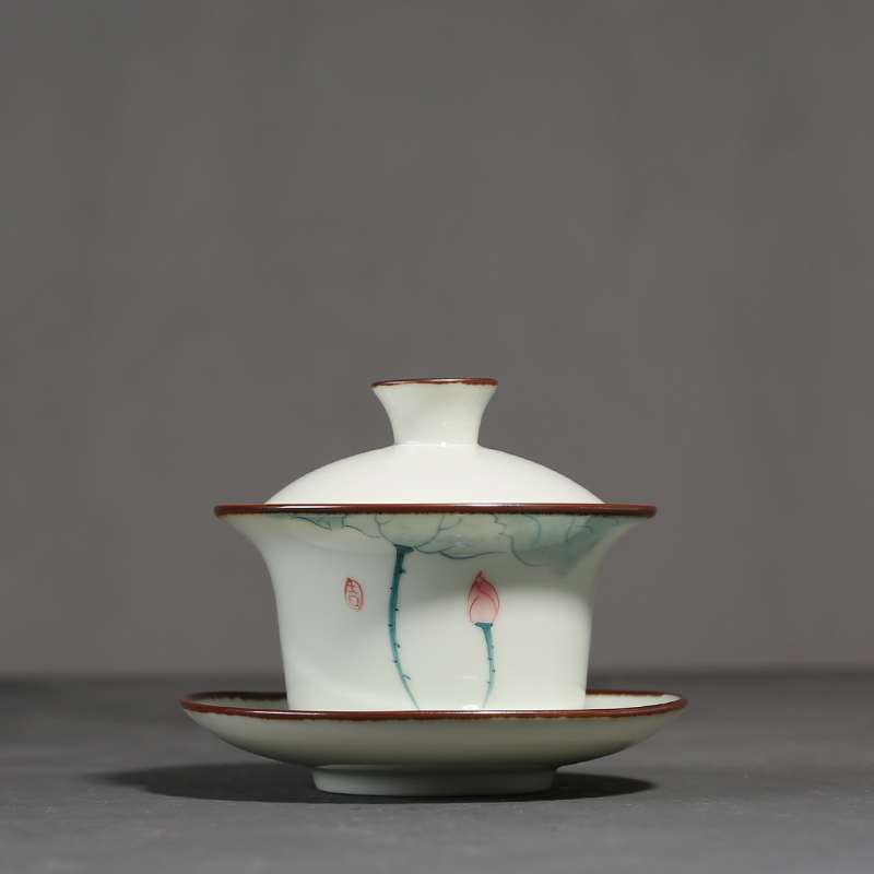PINNY 130ml Porcelain Hand Painted Lotus Gaiwan Pigmented Traditional Chinese Tea Tureen Kung Fu Tea Bowl