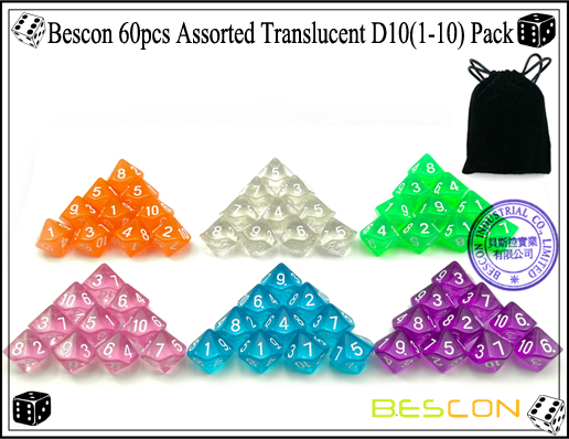 Bescon 60pcs Assorted Translucent D10(1-10) Pack-6