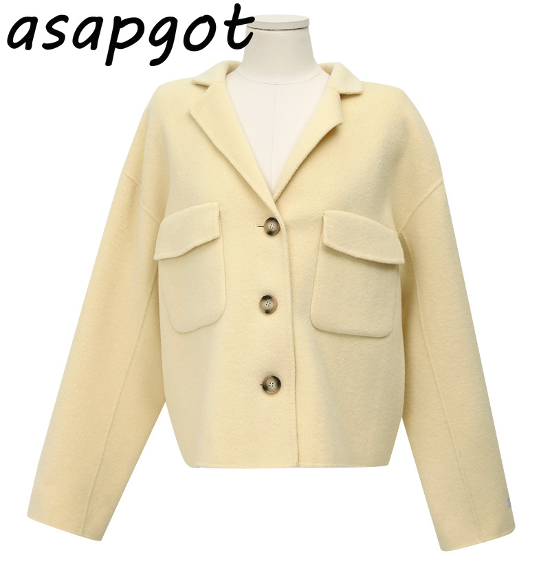 Women's Clothing Coats & Jackets Wool & Blends Chic Korea Temperament Cream Yellow Lapel Loose Gentle Pocket Short Woolen Coat