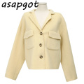 Women's Clothing Coats & Jackets Wool & Blends Chic Korea Temperament Cream Yellow Lapel Loose Gentle Pocket Short Woolen Coat
