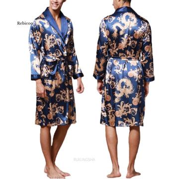Fashion Men's Bathrobe Silk Kimono Long Sleeves Robe Chinese Lucky Dragon Print Pajamas Men Gown Bathrobe Men Homewear Sleepwear