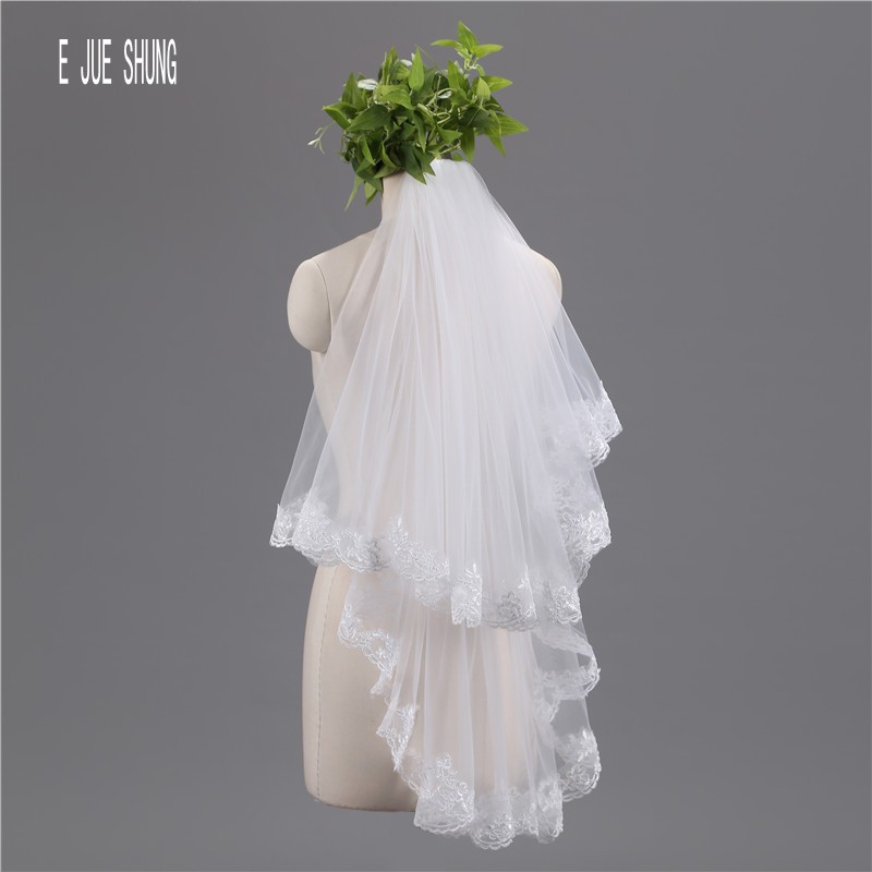 E JUE SHUNG Short Two Layer Bridal Veil Lace Appliques Wedding Veils Wedding Accessories Veu De Noiva