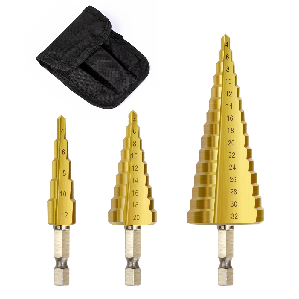 3pc Hss Titanium Coated Drill Bits Step Drill Bits Cone Metal Hole Cutter 4-12/20/32mm Hex Tapered Metal Drill Bits With Bag