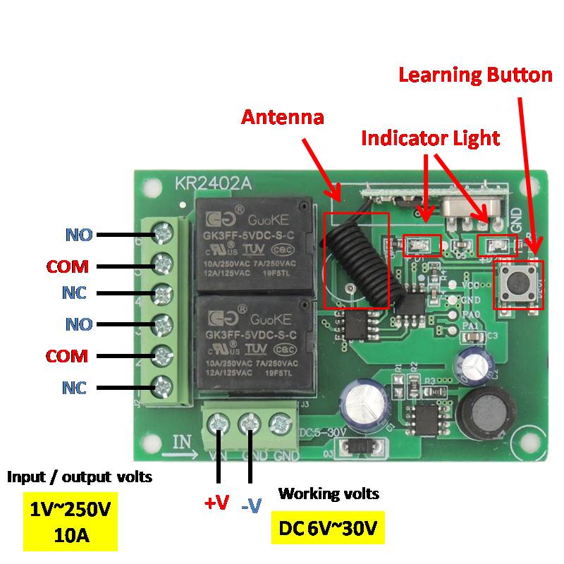 433Mhz RF Remote Control Switch DC 6~30V 2CH 10A Receiver Wireless 500m Range Transmitter For Garage Motor Sliding Door Lamp LED