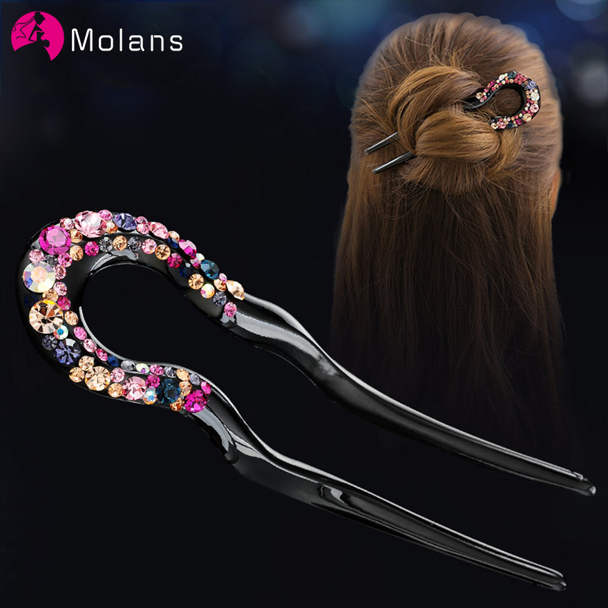 Molans Crystal Hair Sticks Hair Maker Hairpin Hair Tiara Women Retro Simple Classic Chinese dDaily Cheongsam U-shaped Hairpin