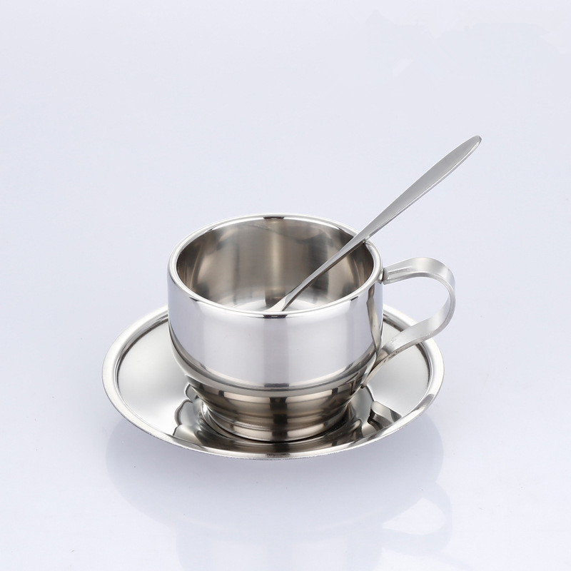 Household 150ml Insulated Coffee&Tea Cup Double Wall 304 Stainless Steel Travel Handle Mugs With Spoon Dish Plate Saucer Sets