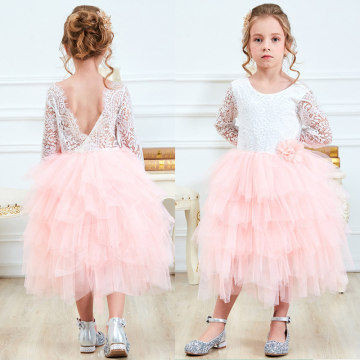 3-8 Years Lace Tutu Layered Girls Kids Wedding Flower Girl Dress Elegant Princess Party Pageant Dress Half Sleeve Tulle Dress