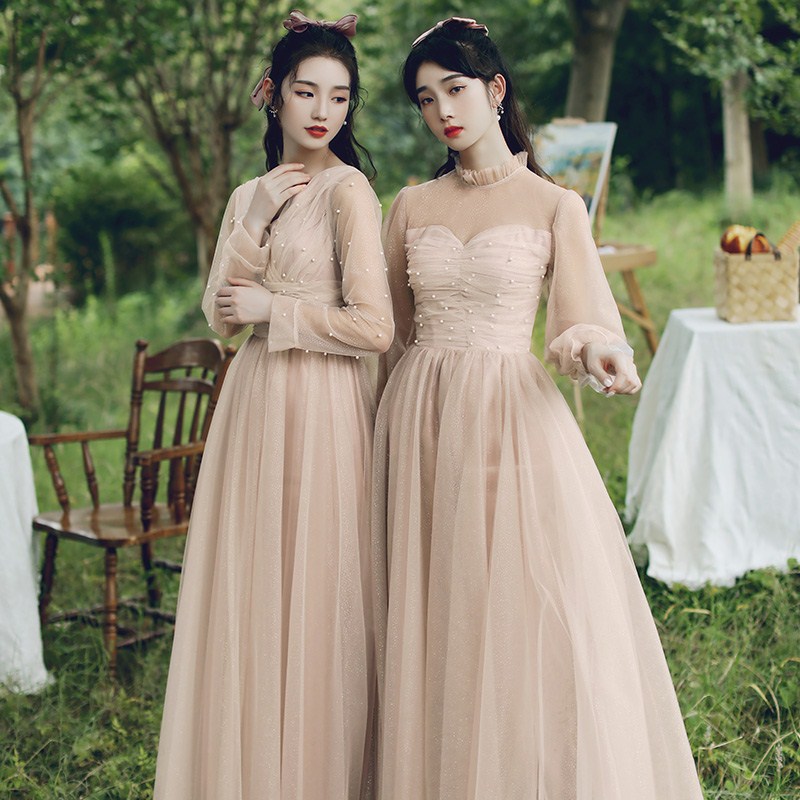 New Dusty Pink Bridesmaid Dresses Mix and Match Long Sleeves Pearls Beading Sweet Party Wedding Trends for Spring 2021