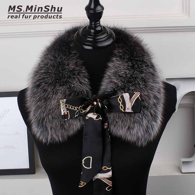 MS.MinShu Genuine Fox Fur Collar Scarf with Lace 100% Natural Fox Fur Scarf Winter Neck Warmer Jacket Fur Collar Short Scarves