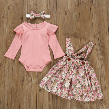 Autumn Infant Baby Girls Clothes Sets 3Pcs Pink Romper Long Sleeve Tops Flower Dress Headband Newborn Clothing 0 3-24 Months Set