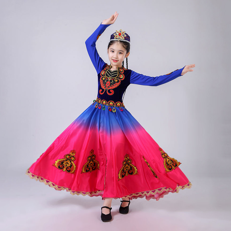Xinjiang Dance Kids Costumes Girls Stage Wear Performance Uyghur Girl Children Swing Skirts Ethnic Style Chinese Folk Costume