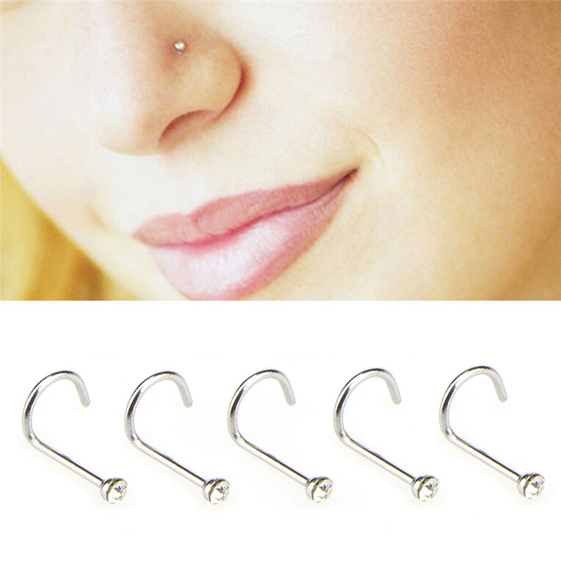 20pcs/lot Stainless Steel Crystal Rhinestone Nose Studs Hooks Bar Pin Nose Rings Body Piercing Jewelry For Women