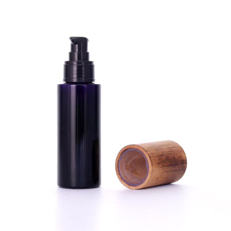 Black Glass Lotion Bottle With Rubber Wood1 Jpg