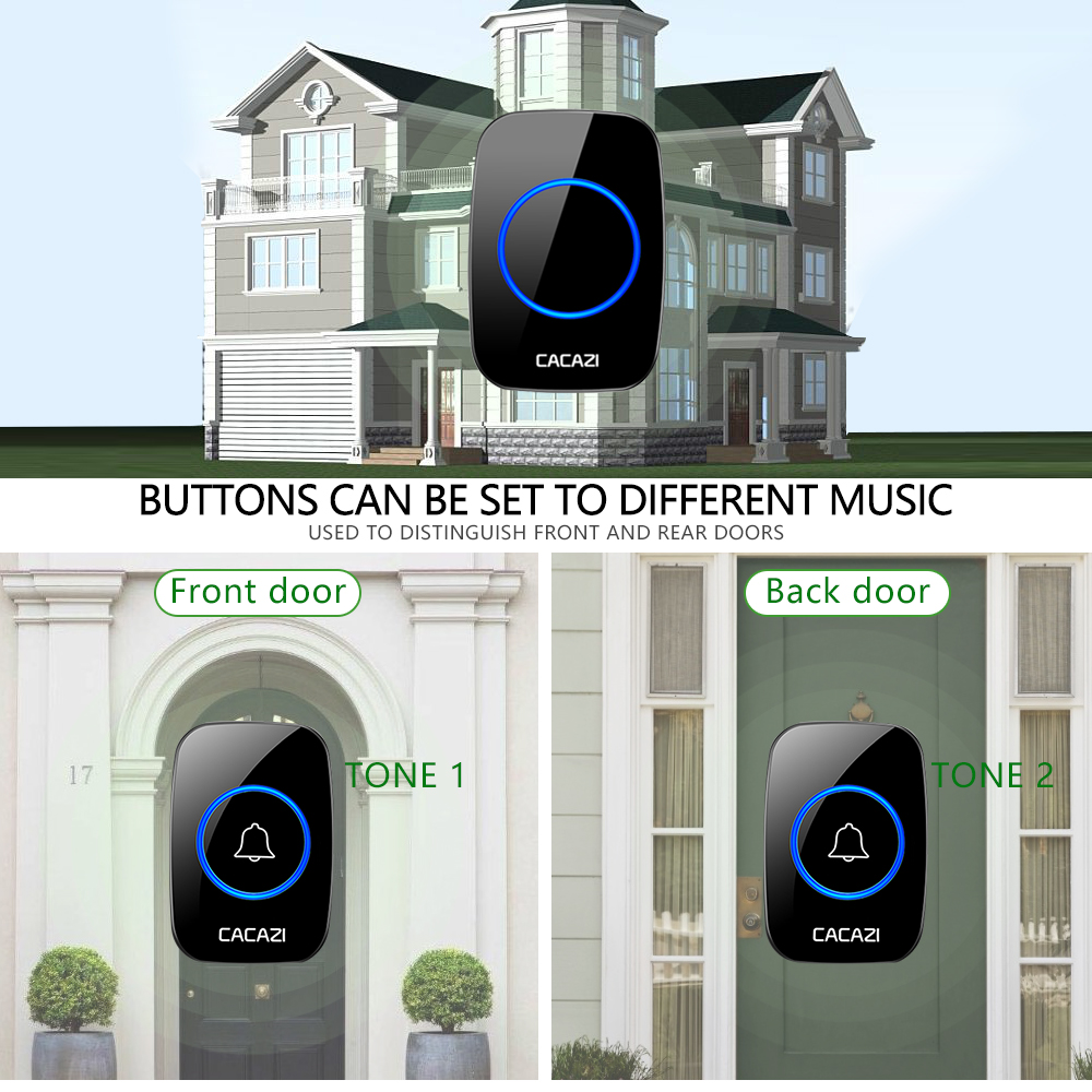 CACAZI Wireless Intelligent Waterproof Doorbell 300M Range LED Night Light Home Call bell US EU UK Plug 3 4 5 Button 1 Receiver