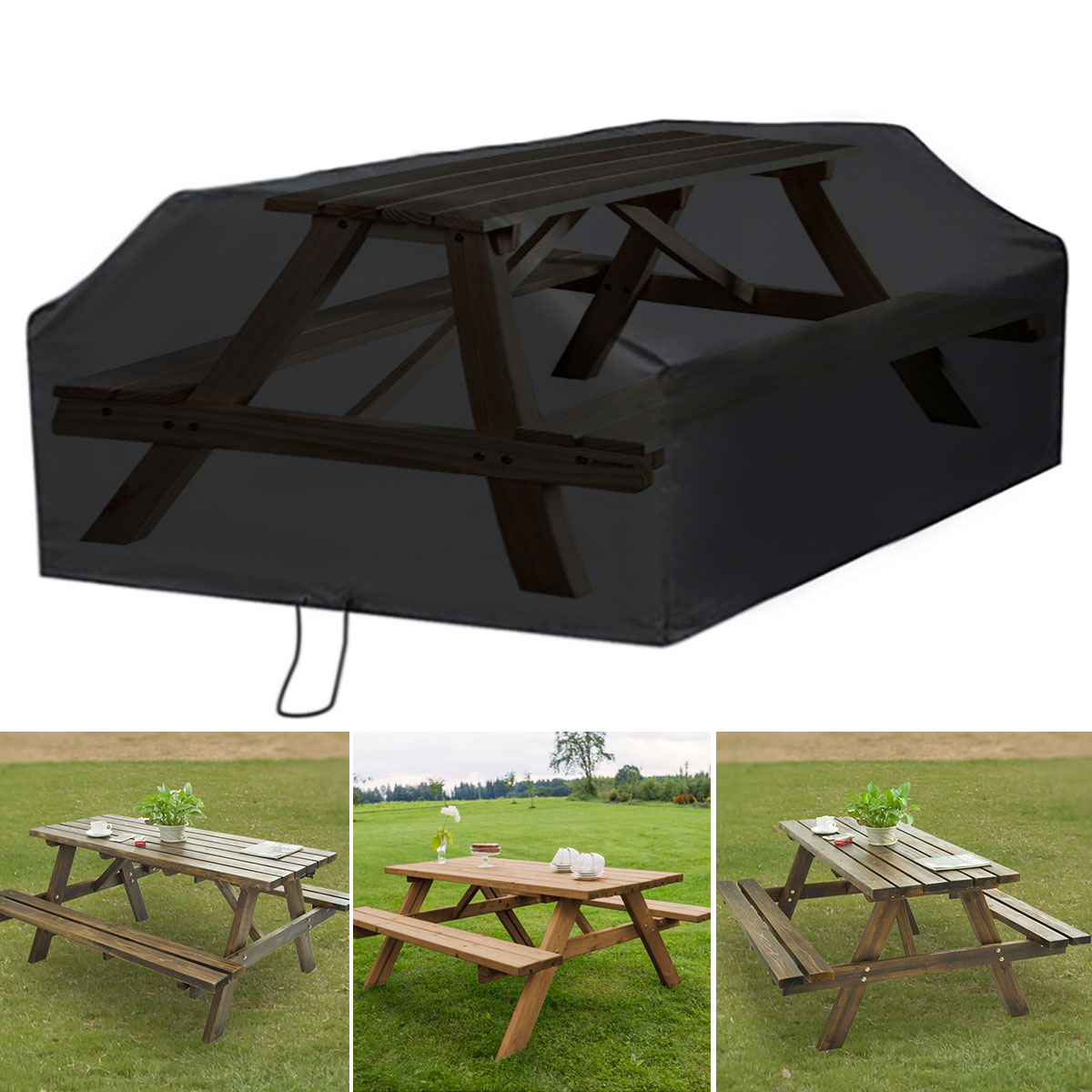 210D Black Waterproof Anti Dust Picnic Table Cover Outdoor 6/8 Seater Square Tablecloth Elastic Garden Patio Furniture Cover