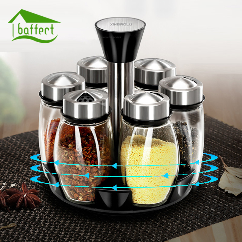 Rotating Stainless Steel Glass Spice Jars Set Salt Pepper Spray Seasoning Jars Sets for Spices Kitchen Cooking Tools 7Pcs/Set