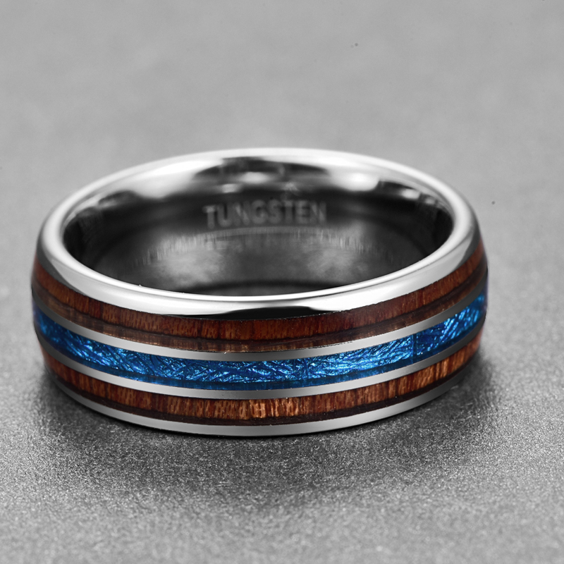 High Polished 8MM Hawaiian Koa Wood Men Ring Full Size Wedding Bands Blue Imitation Vermiculite 100% Tungsten Carbide Ring